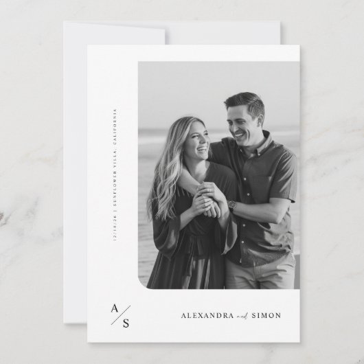 Boho minimalistische zwart-wit monogram bruiloft kaart (Voorkant)