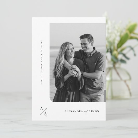 Boho minimalistische zwart-wit monogram bruiloft kaart (Staand voorkant)