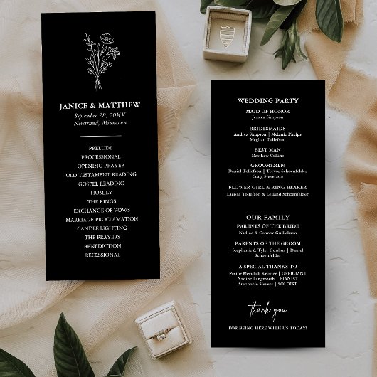 Boho Minimalistische Zwart-Wit Trouwprogramma