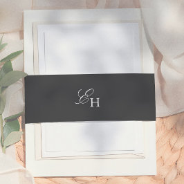 Boho Minimalistische Zwarte & Witte Monogram Trouw Uitnodigingen Wikkel