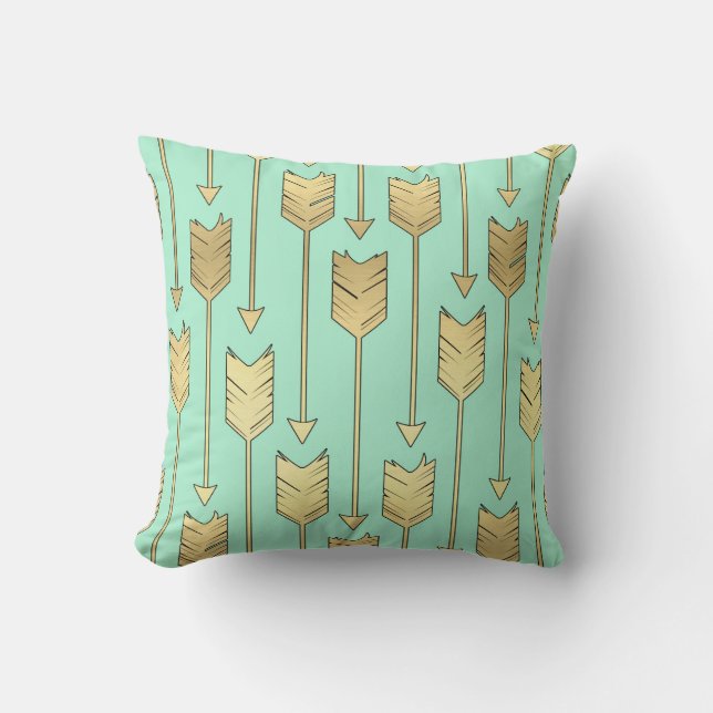 Boho Mint en Faux Gold Arrows Pattern Kussen (Voorkant)