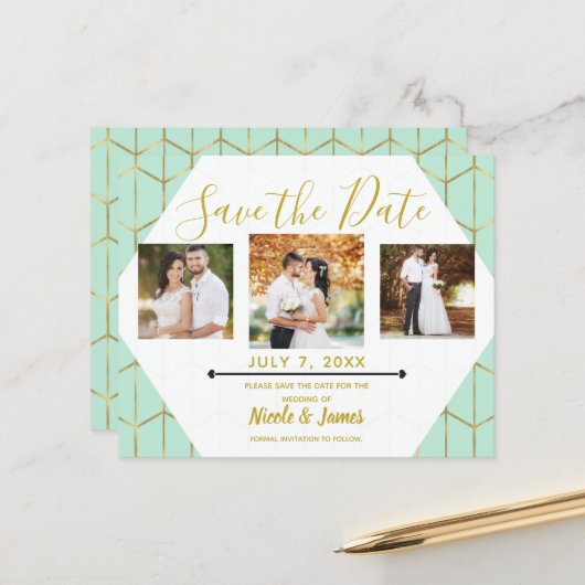 Boho Mint Green Hexagon Gold Geometric Save Date (Voorkant / Achterkant in situ)
