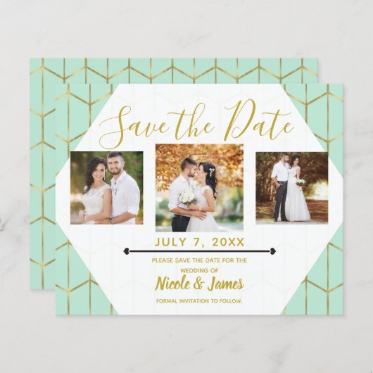 Boho Mint Green Hexagon Gold Geometric Save Date (Voorkant / Achterkant)