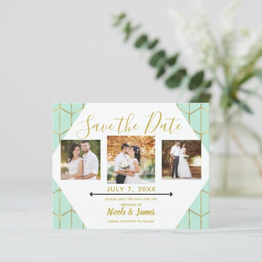 Boho Mint Green Hexagon Gold Geometric Save Date (Staand voorkant)