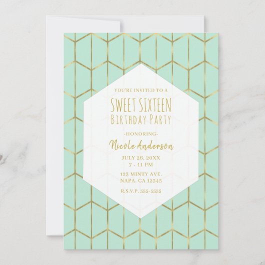 Boho Mint Groen Hexagon Goud Geometrisch Sweet 16 Kaart (Voorkant)