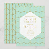 Boho Mint Groen Hexagon Goud Geometrisch Sweet 16 Kaart (Voorkant / Achterkant)