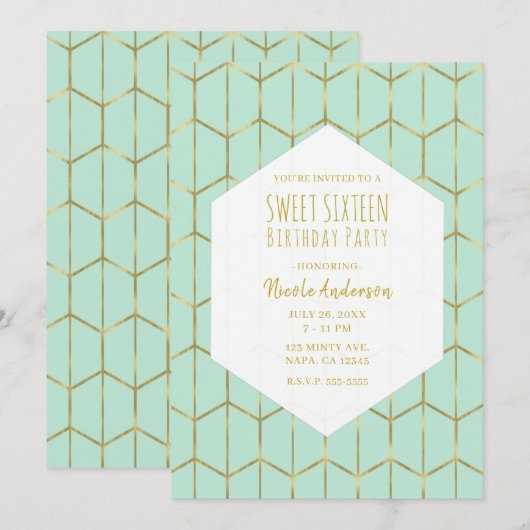 Boho Mint Groen Hexagon Goud Geometrisch Sweet 16 Kaart (Voorkant / Achterkant)