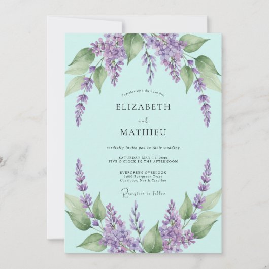 Boho Mint Paarse Wisteria Bruiloft Kaart (Voorkant)