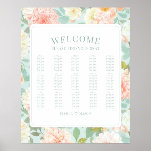 Boho Mint Pink Peony Flower Wedding Seating Chart Poster (Voorkant)