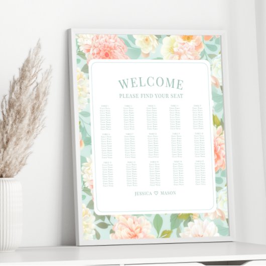Boho Mint Pink Peony Flower Wedding Seating Chart Poster