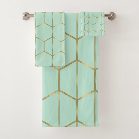 Boho Mintgroene Zeshoek Goud & Geometrische Glam Bad Handdoek (Insitu)