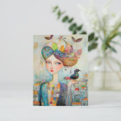 Boho Mixed Media Girl en Bird in Village Kaart (Staand voorkant)