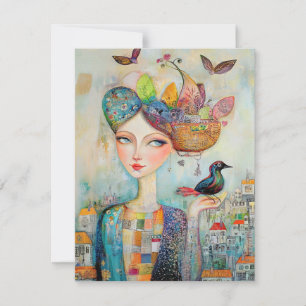 Boho Mixed Media Girl en Bird in Village Kaart