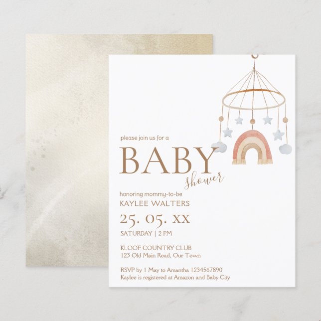  boho mobile budget baby shower uitnodiging (Voorkant / Achterkant)