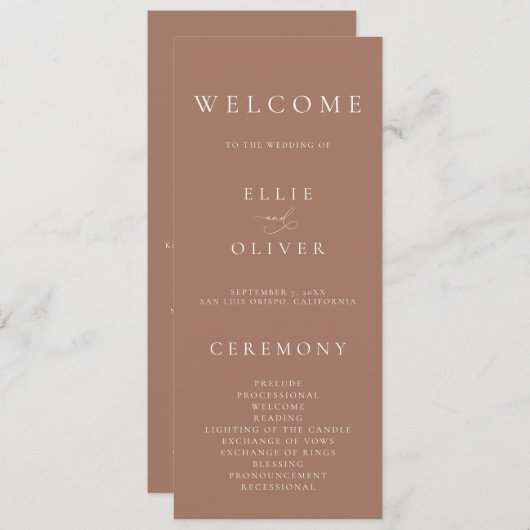 Boho Mocha Mousse Elegante minimalistische bruilof Programmakaart (Voorkant / Achterkant)