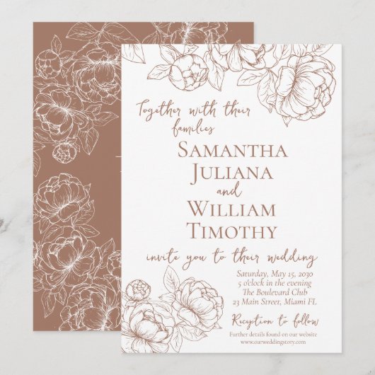 Boho Mocha Mousse Floral Elegante moderne bruiloft Kaart (Voorkant / Achterkant)
