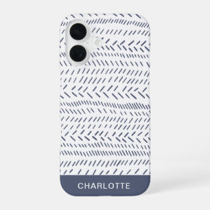 Boho Modern Abstract Mudcloth Navy Gepersonaliseer iPhone 16 Hoesje