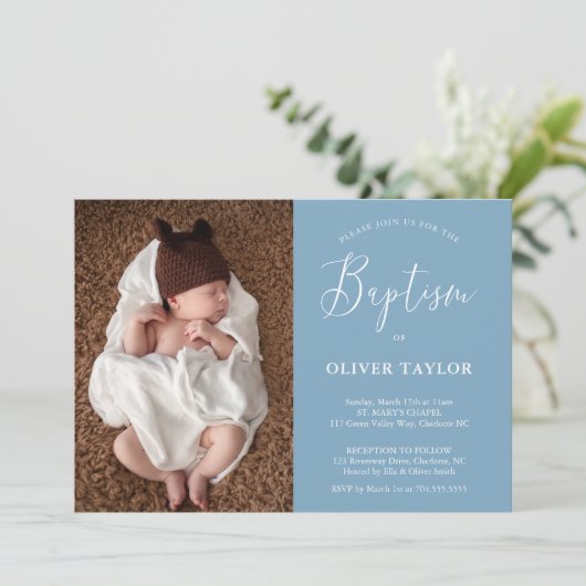 Boho Modern Baby Dusty Blue Blue Baptisme Kaart (Staand voorkant)