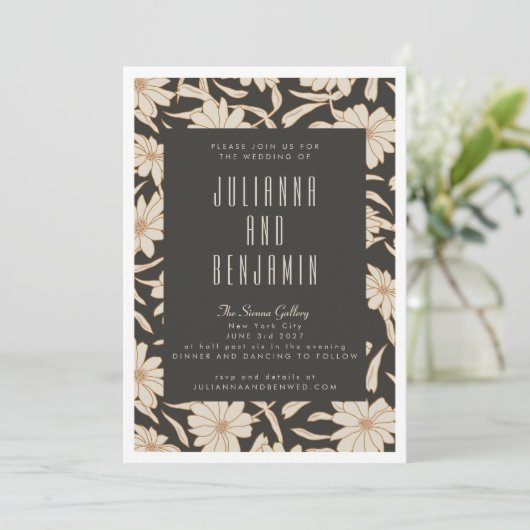 Boho Modern Botanical Black en Ivory Wedding Kaart (Staand voorkant)