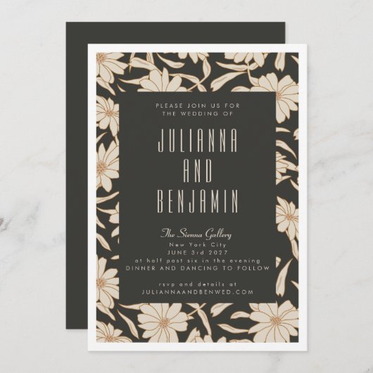 Boho Modern Botanical Black en Ivory Wedding Kaart (Voorkant / Achterkant)