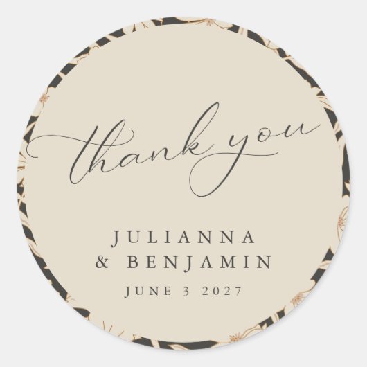 Boho Modern Botanical Black Ivory Wedding Custom Ronde Sticker (Voorkant)