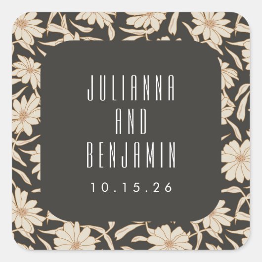 Boho Modern Botanical Black Ivory Wedding Custom Vierkante Sticker (Voorkant)
