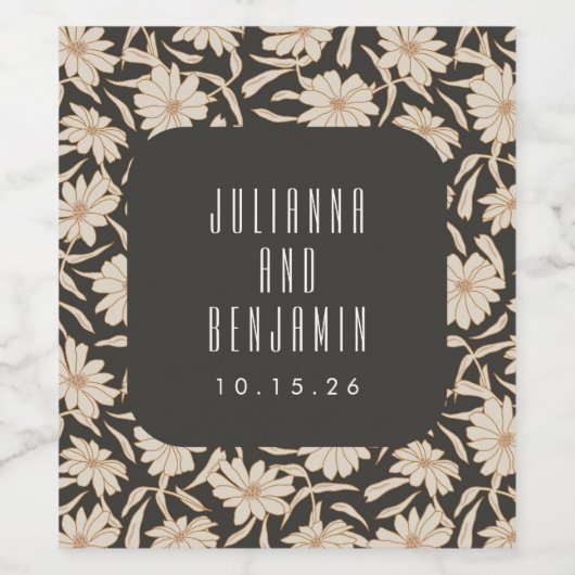 Boho Modern Botanical Black Ivory Wedding Custom Wijn Etiket (Enkel label)