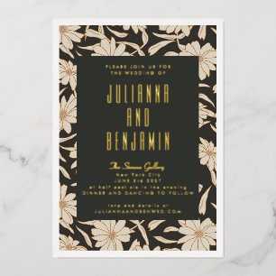 Boho Modern Botanisch Zwart Ivoor Trouw Goud Folie Uitnodiging