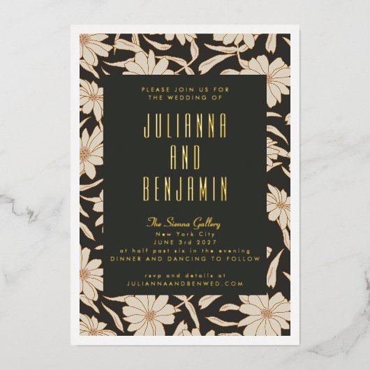 Boho Modern Botanisch Zwart Ivoor Trouw Goud Folie Uitnodiging (Voorkant)
