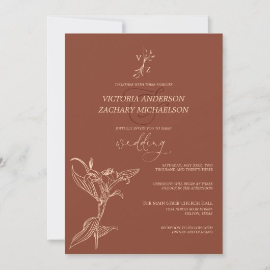 Boho Modern Dark Terracotta Floral Wedding Kaart (Voorkant)