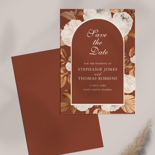 Boho Modern Dark Terracotta Save the Date Kaart