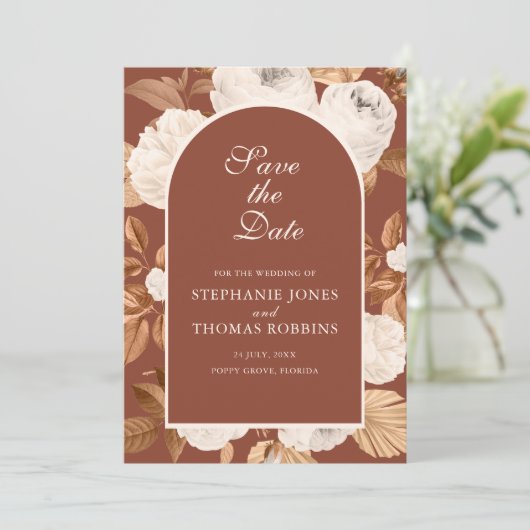 Boho Modern Dark Terracotta Save the Date Kaart (Staand voorkant)