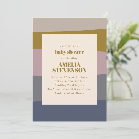 Boho Modern Dusty Mauve Blue Striped Baby shower Kaart (Staand voorkant)