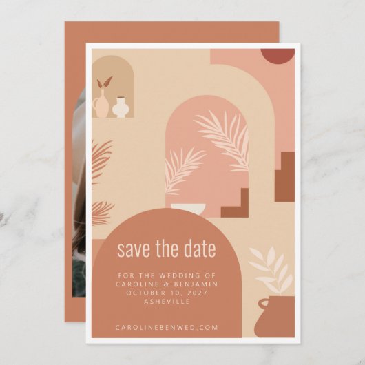 Boho Modern Floral Art Terracotta Arch Save The Date (Voorkant / Achterkant)