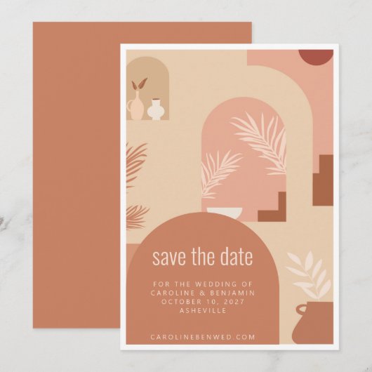 Boho Modern Floral Art Terracotta Simple Save The Date (Voorkant / Achterkant)