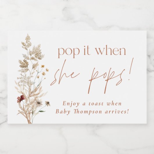 Boho Modern Floral Baby shower Mousserende Wijnlab Sparkling Wijnetiket (Enkel label)