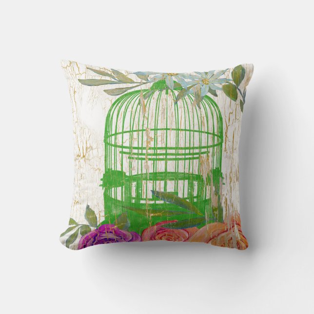 BOHO  Modern Floral Bird Cage Wood Kussen (Voorkant)
