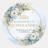 Boho Modern Floral Blue Gold Greenery Quinceañera Ronde Sticker (Voorkant)