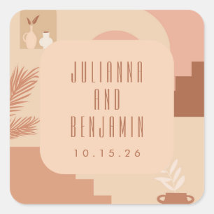 Boho Modern Floral Blush Terracotta Wedding Custom Vierkante Sticker