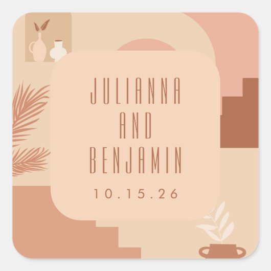 Boho Modern Floral Blush Terracotta Wedding Custom Vierkante Sticker (Voorkant)