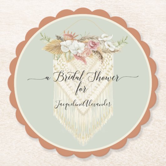 BOHO Modern Floral Greenery Macrame Vrijgezellenfe Kartonnen Onderzetters (Voorkant)