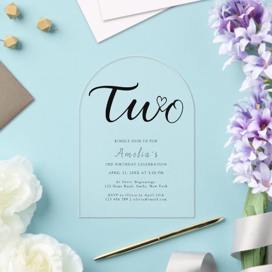 Boho Modern Heart Black Script 2e verjaardag Acryl Uitnodigingen (Insitu (Huwelijk))