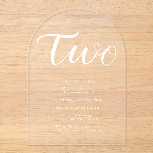 Boho Modern Heart White Script 2e verjaardag Acryl Uitnodigingen (Voorkant)
