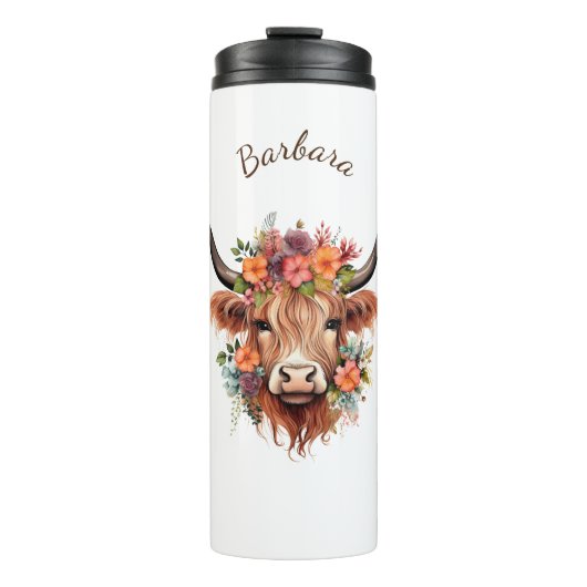 Boho Modern Highland Koe met bloemen Thermosbeker (Voorkant)