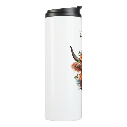 Boho Modern Highland Koe met bloemen Thermosbeker (Gedraaid links)