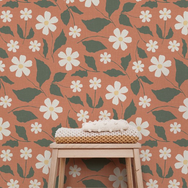 Boho Modern Madelpatroon Terracotta Salie Behang (Terracotta Sweet Daisy botanical wallpaper by Erica MacDonald.)