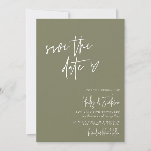 Boho Modern Minimalist Green Save the Date Card Kaart (Voorkant)