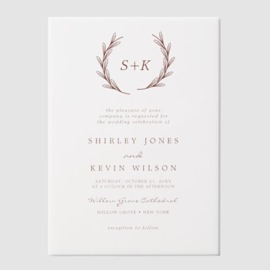 Boho Modern minimalistisch rustiek monogram bruilo Vellum Uitnodigingen (Voorkant)