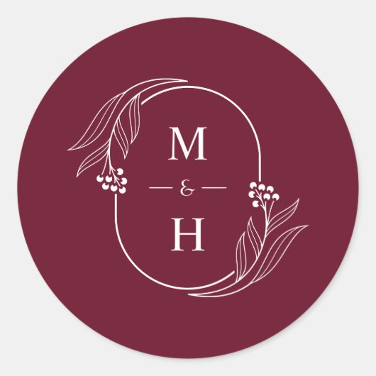 Boho Modern Monogram Elegant Burgundy Wedding Ronde Sticker (Voorkant)