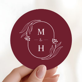 Boho Modern Monogram Elegant Burgundy Wedding Ronde Sticker